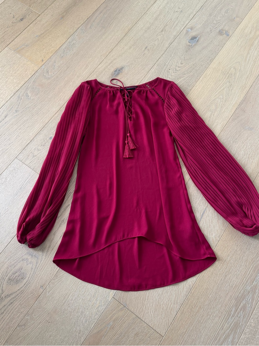 WHBM Dark Red Top Long Flowing Sleeve Lace-up Neckline with Tassel Tie, Size 0
